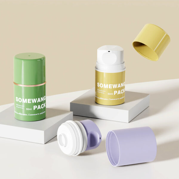 Three 50ml PP airless lotion bottles—green, yellow, purple—shown uncapped on platforms against a neutral background.