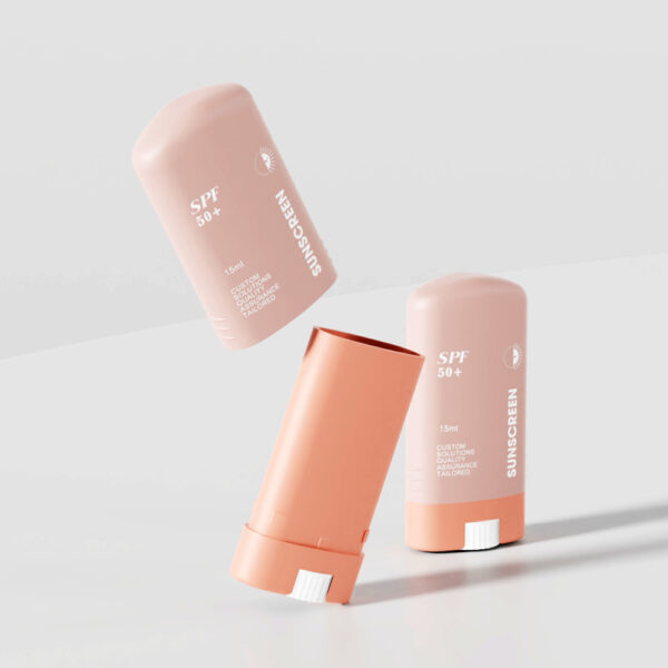 Three pink 15ml SOMEWANG deodorant stick containers—floating, open, and closed—ideal for travel or deodorant.