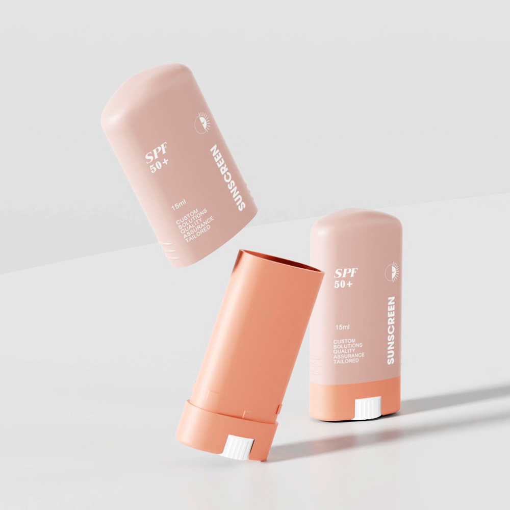 Three pink 15ml SOMEWANG deodorant stick containers—floating, open, and closed—ideal for travel or deodorant.