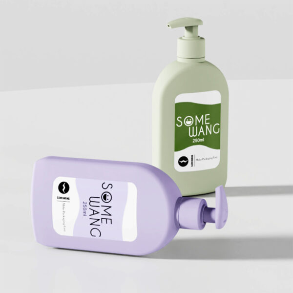 Two "SOME WANG" lotion bottles: a green 250ml upright bottle and a light purple one on its side.