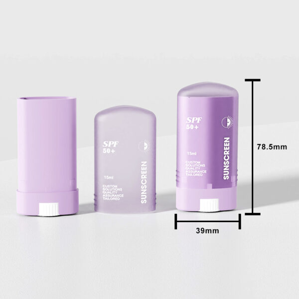 Three purple 15ml PP deodorant sticks (SPF 50+) shown, one open; each is 78.5mm x 39mm.