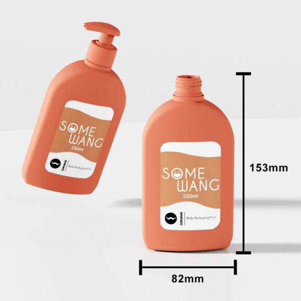 Two orange 250ml HDPE bottles for lotion, both labeled "SOME WANG": one pump, one screw cap; 153x82mm.