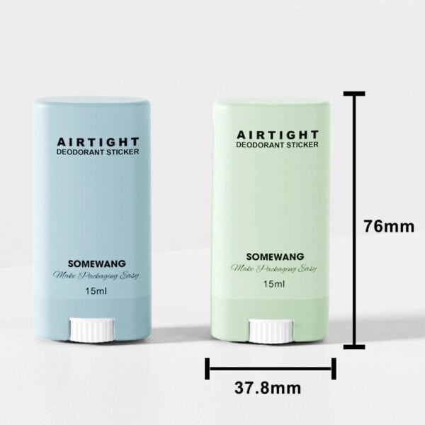 Dua stik deodoran PP persegi panjang 15ml (satu biru, satu hijau) ditampilkan berdampingan—masing-masing berukuran 76mm x 37,8mm, ideal untuk penggunaan khusus.