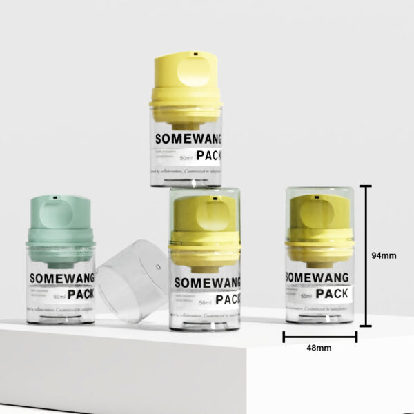 Set of four 50ml PP airless lotion bottles, each 94mm x 48mm, shown on a white surface for hygienic storage.