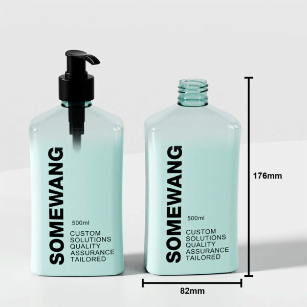 "SOMEWANG" 라벨이 붙은 500ml 하늘색 사각형 PET 병 2개(176mm x 82mm): 1개는 펌프형, 1개는 개봉형.