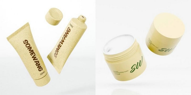 Beige "SOMEWANG" containers and an open "SW" jar with product inside showcase modern beauty packaging on white.