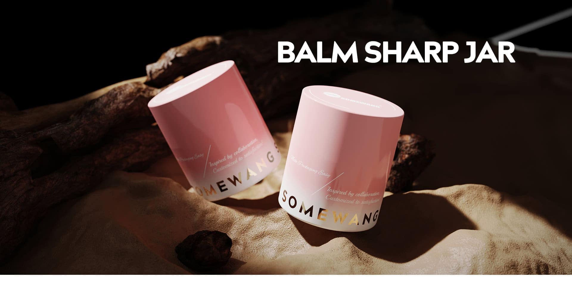 Two pink "SOMEWANG" balm jars sit on sandy driftwood, bold "BALM SHARP JAR" highlighting their sleek design.