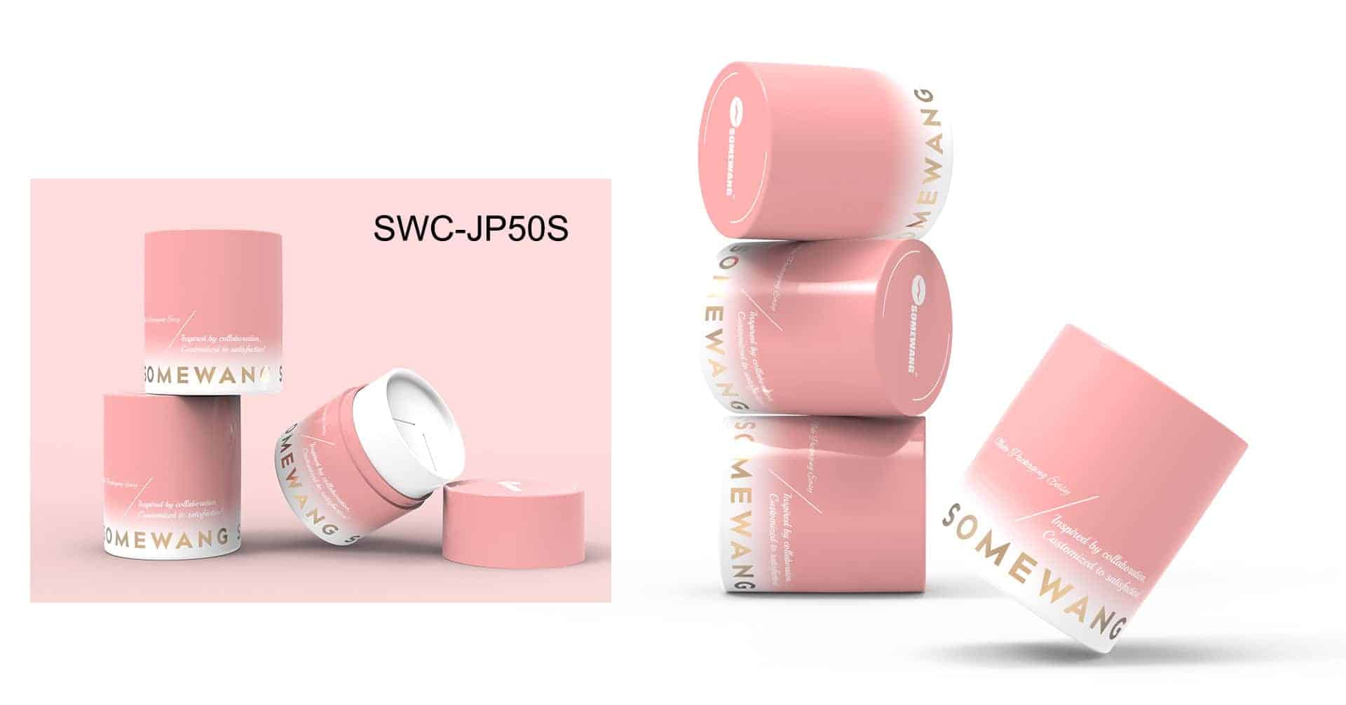 Five pink "SOMEWANG" jars are shown—stacked, upright, and open to reveal a white inner lid for storing balm.