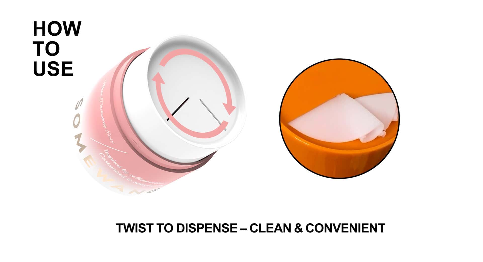 Image: Sharp container lid with twist arrows; spatula scoops balm. Text: "Twist to dispense—clean, convenient.
