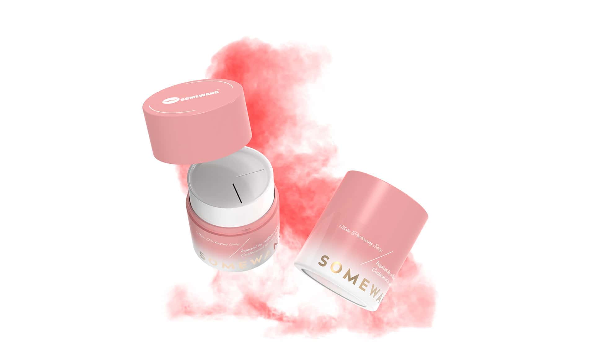 Two pink cosmetic jars—one open, one closed—sit before a sharp pink powder cloud. Label: "SOMEW.