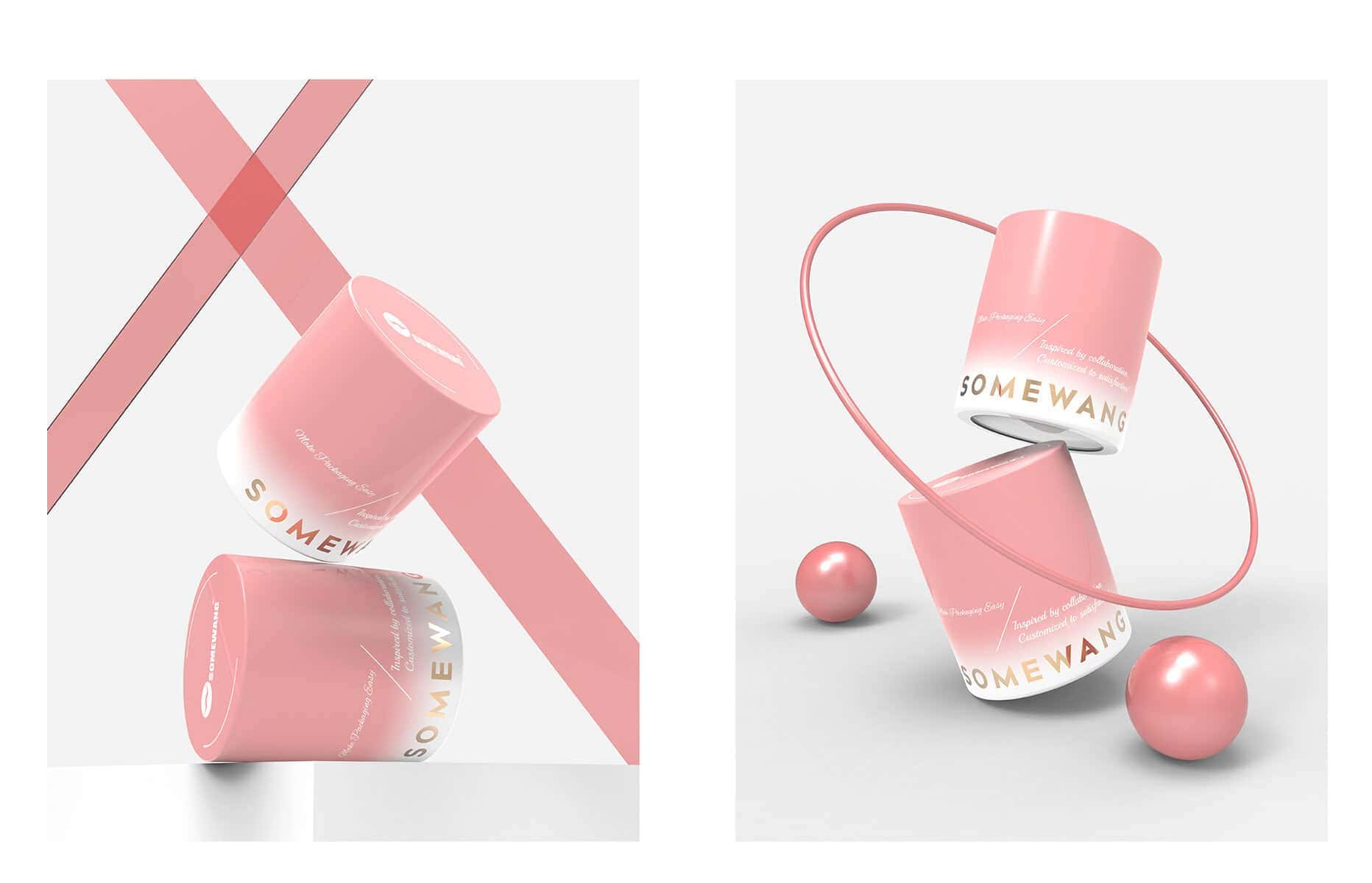 Two pink "SOMEWANG" balm jars sit among sharp pink shapes and spheres on a modern, minimal white background.
