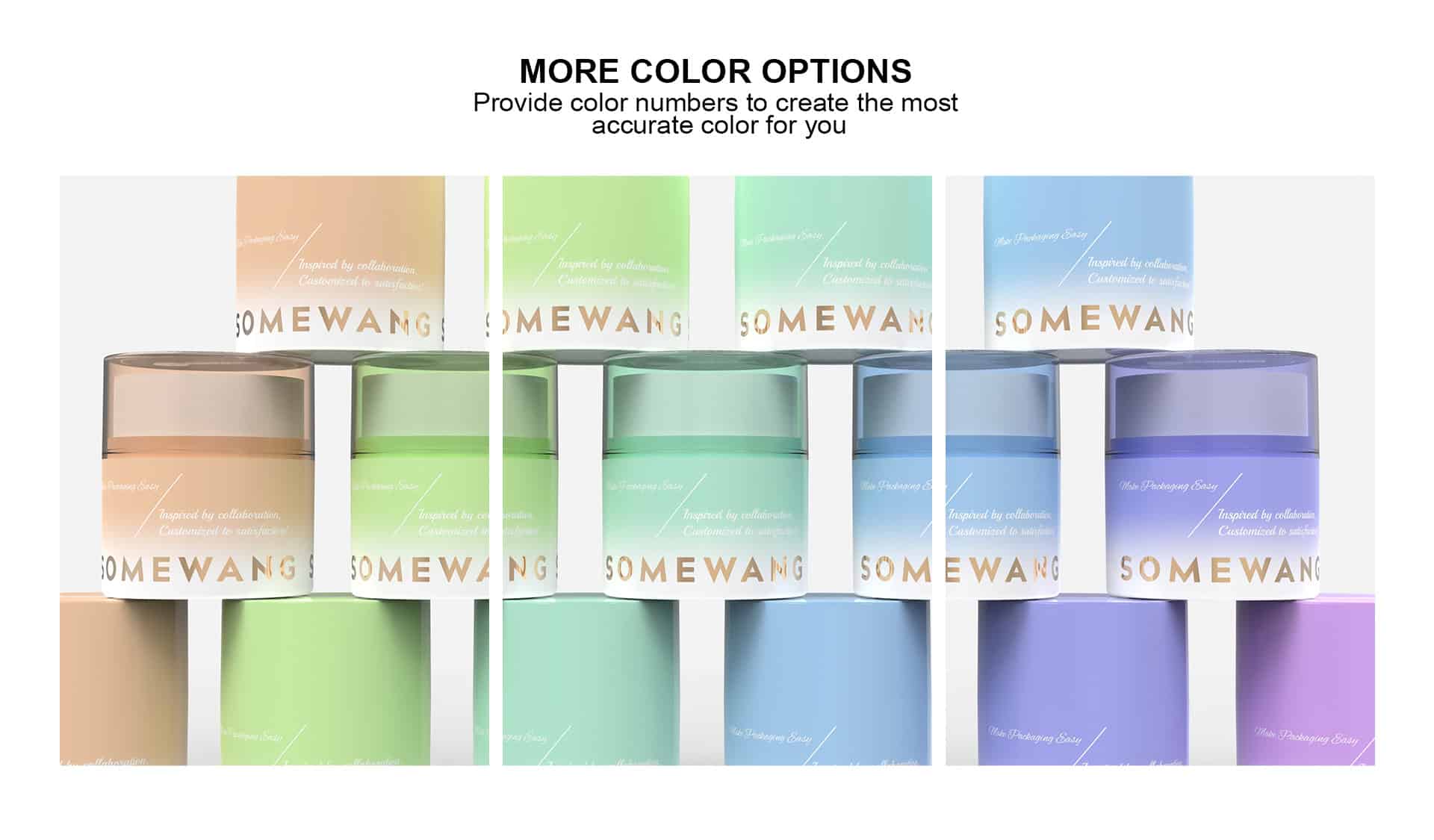 Nine pastel cosmetic jars are shown in a grid with "MORE COLOR OPTIONS" and balm jar color customization instructions above.