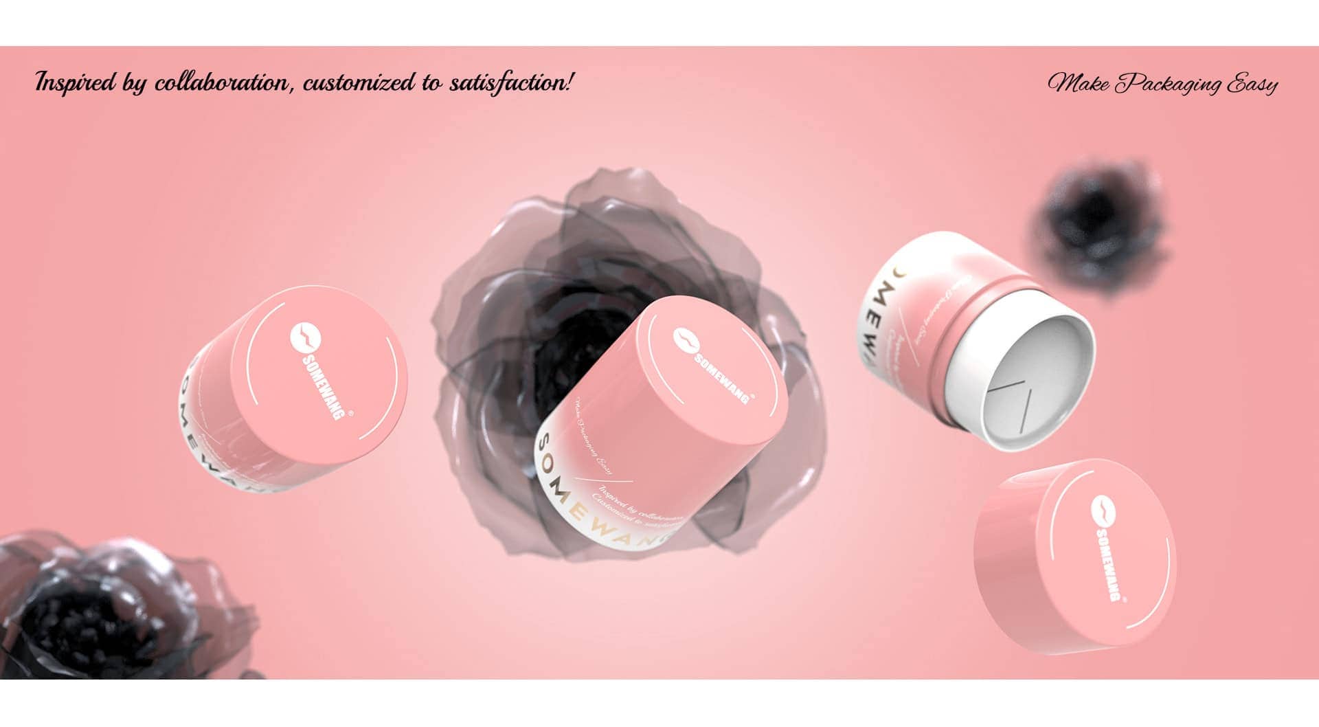 Pink balm jars float on a pink background with black floral accents; “Inspired by collaboration. Make Packaging Easy.”.