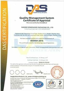 Certificate of ISO 9001:2015 compliance for Ningbo Somewang Packaging Co., Ltd., issued by DAS Certification.