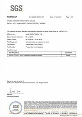 Scanned SGS test report for Monaco Seashore PET bottle (7/17/19) shows safety compliance.