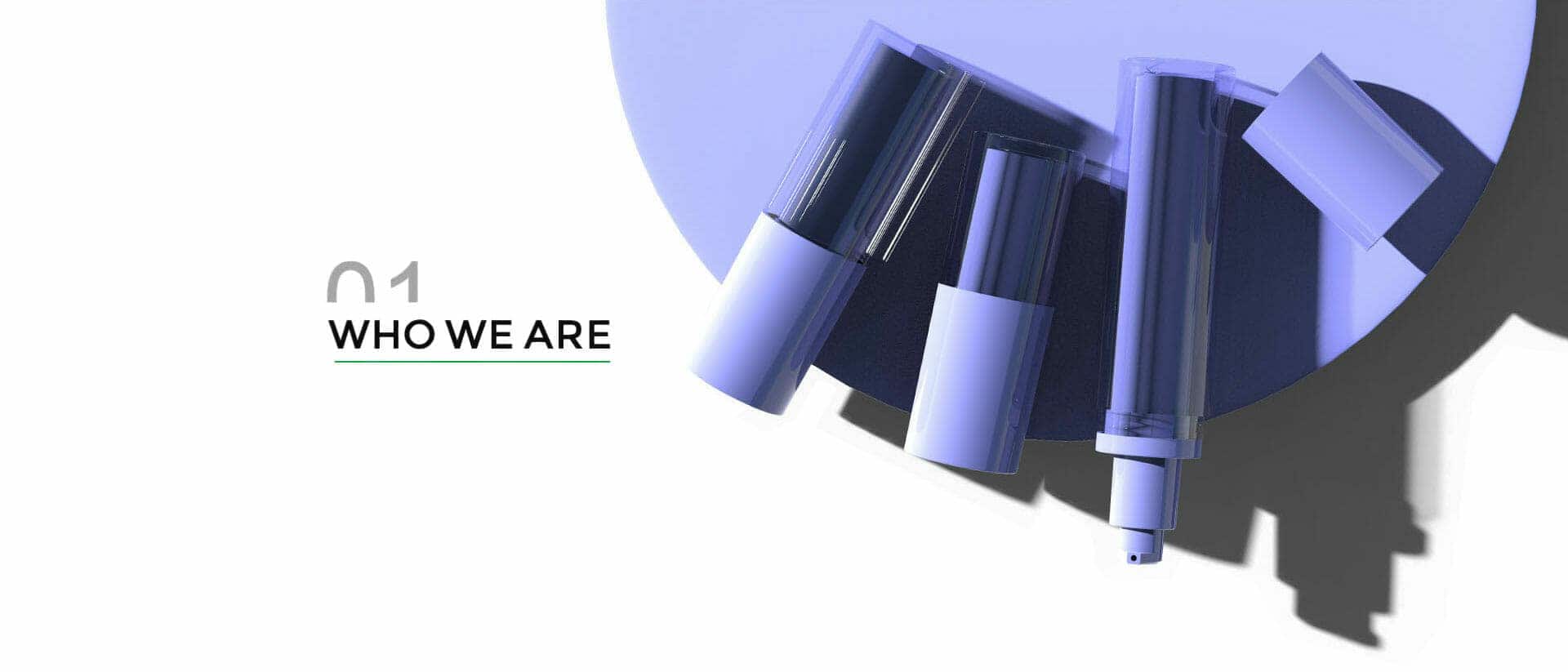 Three cylindrical cosmetic containers with white caps sit on a purple circle; left text: "01 WHO WE ARE.