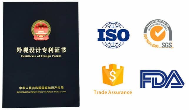 A Chinese Design Patent and ISO, SGS, Trade Assurance, and FDA certification logos are shown.