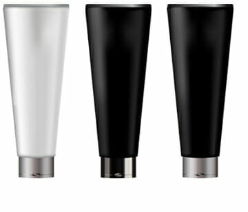 Three cosmetic tubes—one white, two black, all with metallic caps—stand upright against a white background.