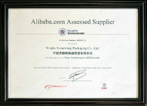 Framed "Alibaba.com Assessed Supplier" certificate awarded to Ningbo Songwang Packaging Co., Ltd. with details and signatures.