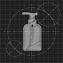 Chalk drawing of a soap pump bottle with grid lines and circles on a black background.
