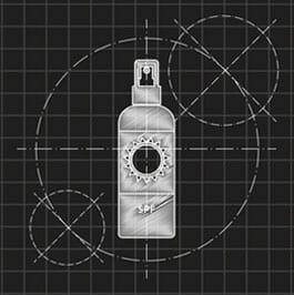 Chalk drawing of an "SPF" spray bottle on a black grid with geometric circles and lines.