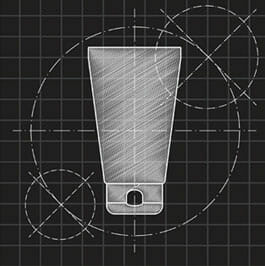Chalk drawing of a tube on a black grid with surrounding geometric sketches and circles.
