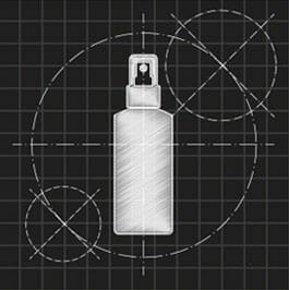 A spray bottle sketch centered on a black grid with intersecting lines and circles, like a blueprint.