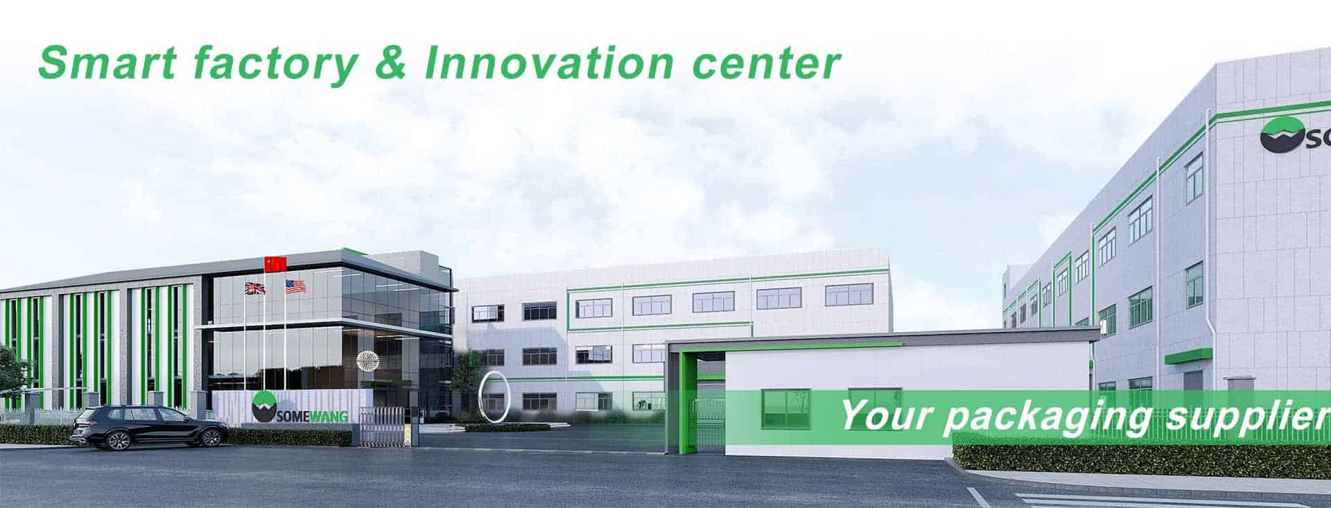 Önünde SOMEWANG logosu, "Akıllı fabrika ve inovasyon merkezi" yazan modern endüstriyel binalar ve park halindeki arabalar.