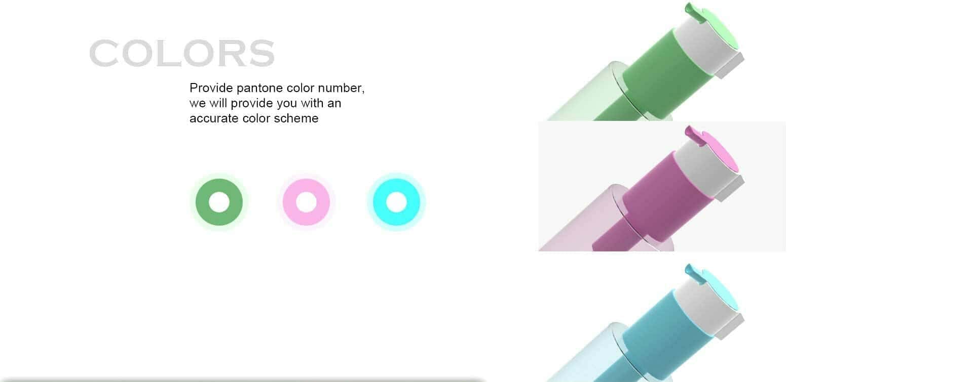 Three colored cylinders (green, pink, blue) with caps sit near color swatches and the word "COLORS.