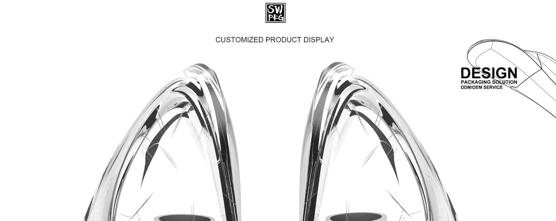 Two clear, triangular plastics are symmetrically placed on white with design display text above.