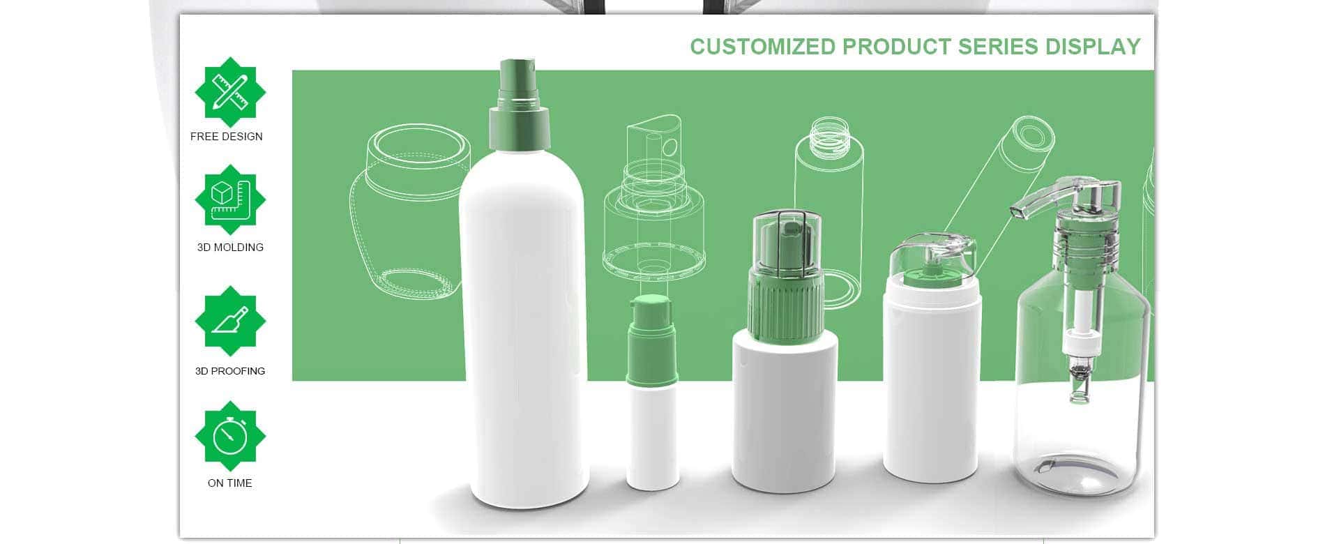 White cosmetic bottles with assorted pumps sit before green icons for design, 3D modeling, proofing, and fast delivery.