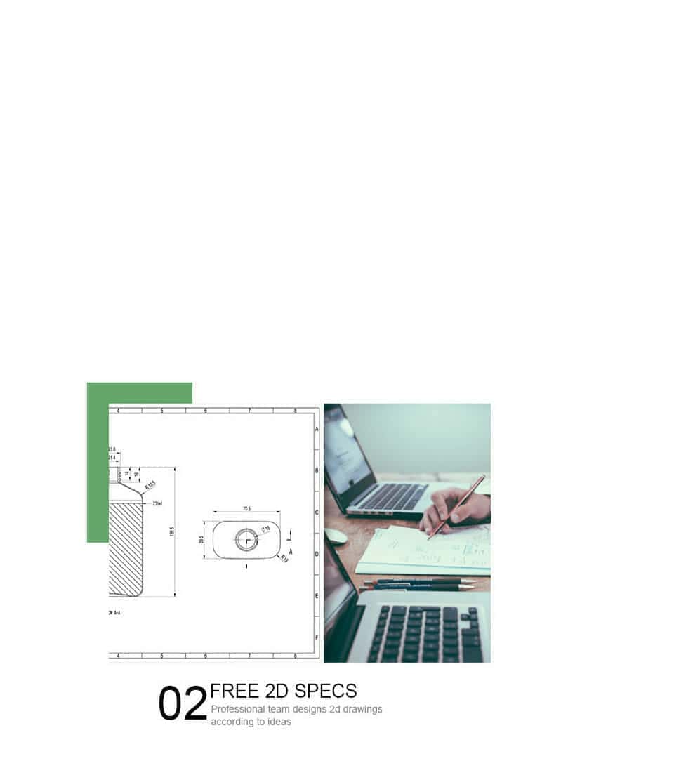 Split image: 2D technical drawing (left), person writing by laptop (right); text: "02 FREE 2D SPECS.