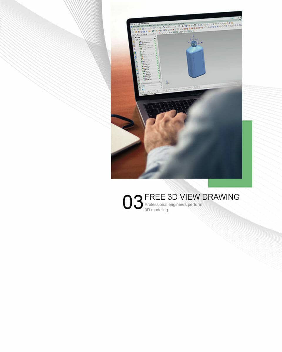 Person uses laptop to design a rectangular 3D model in CAD. Text: "03 Free 3D View Drawing.