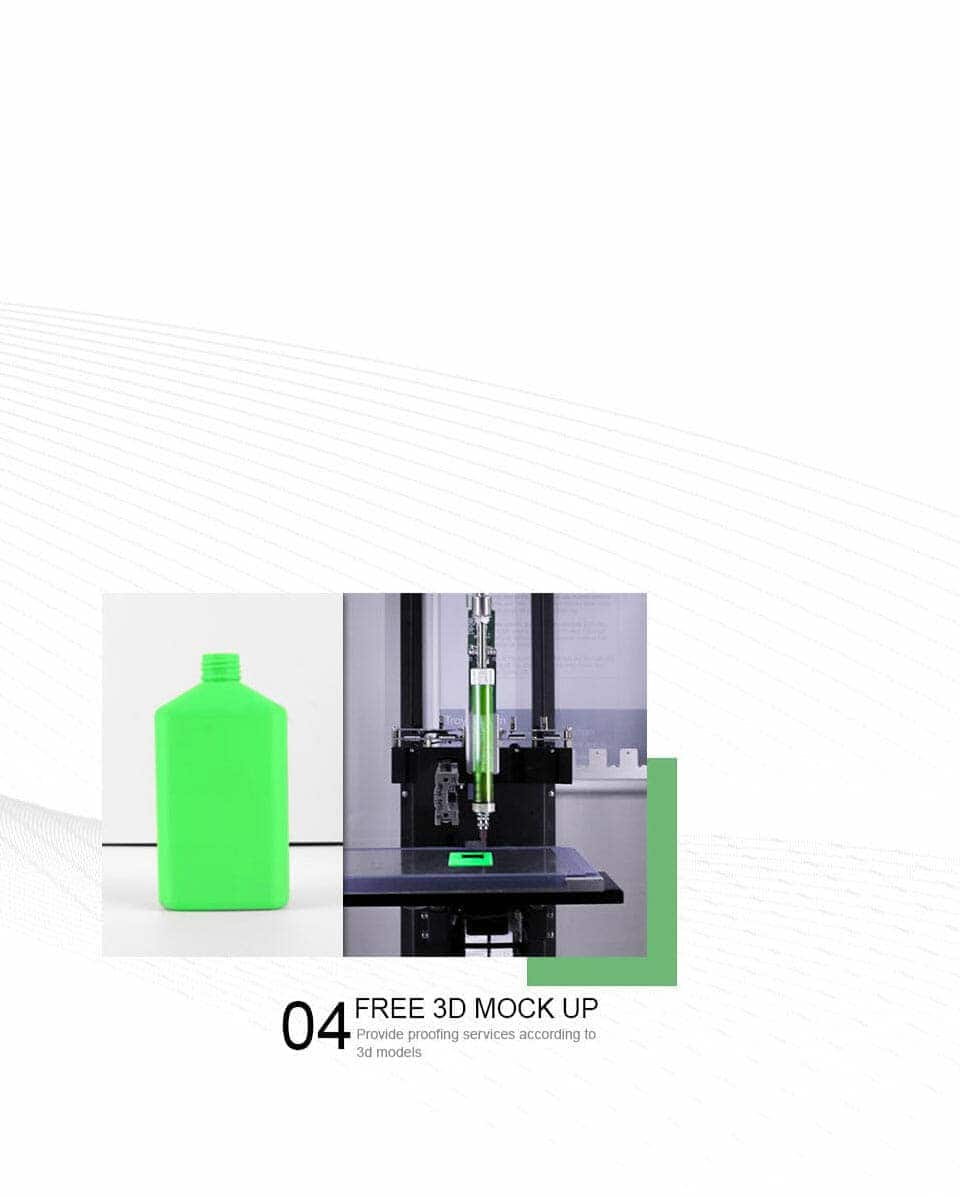 A green bottle and a 3D printer making a green object above text: "04 Free 3D Mock Up. Printing from 3D models.