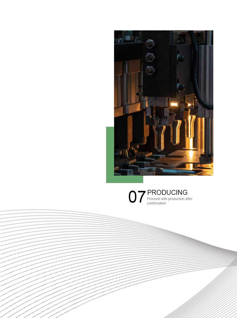 Close-up of a machine making plastic bottles with "07 Producing: Proceed after confirmation" below.