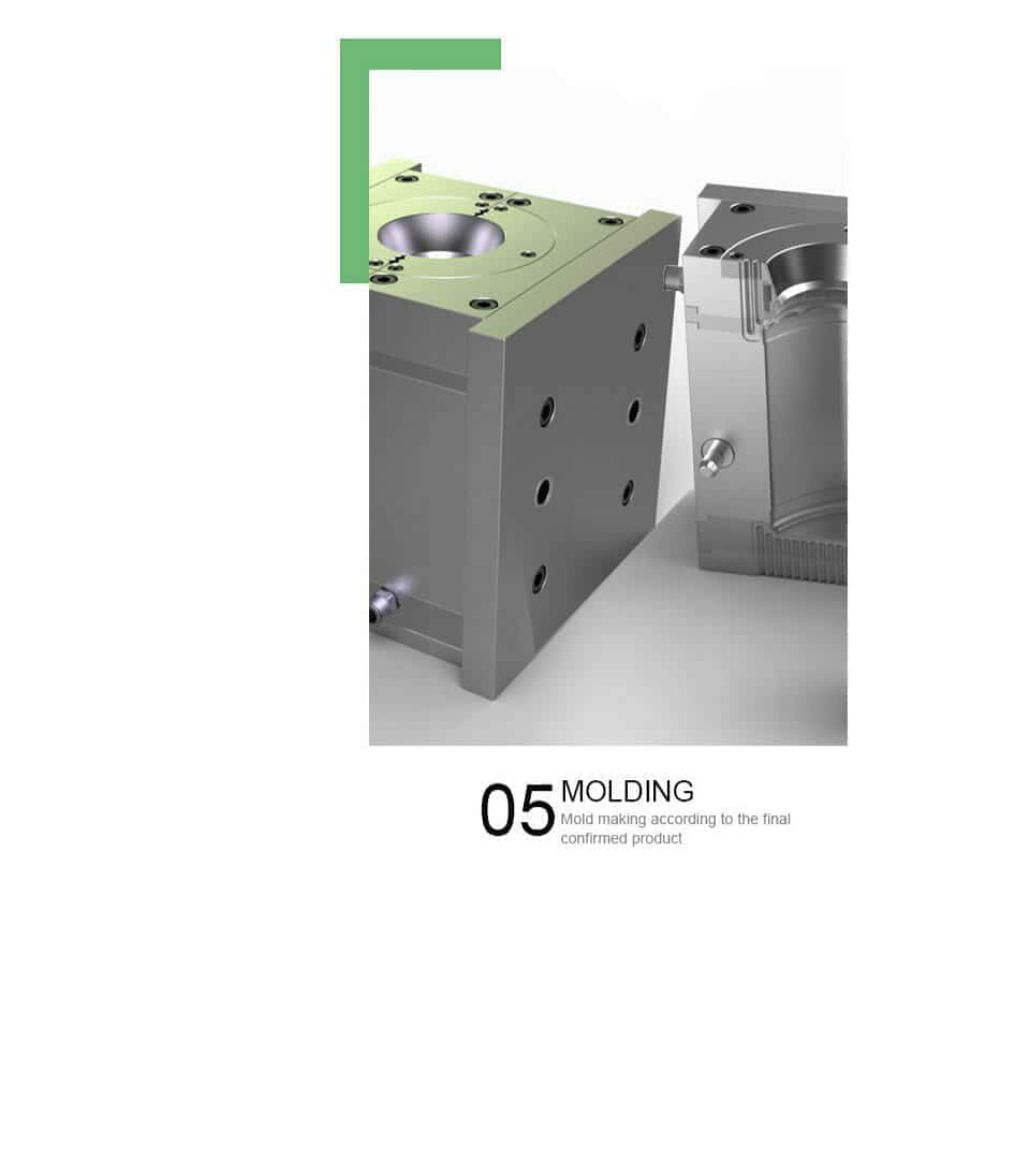 Two metal mold blocks on a white background with "05 Molding" and text about final product mold making.