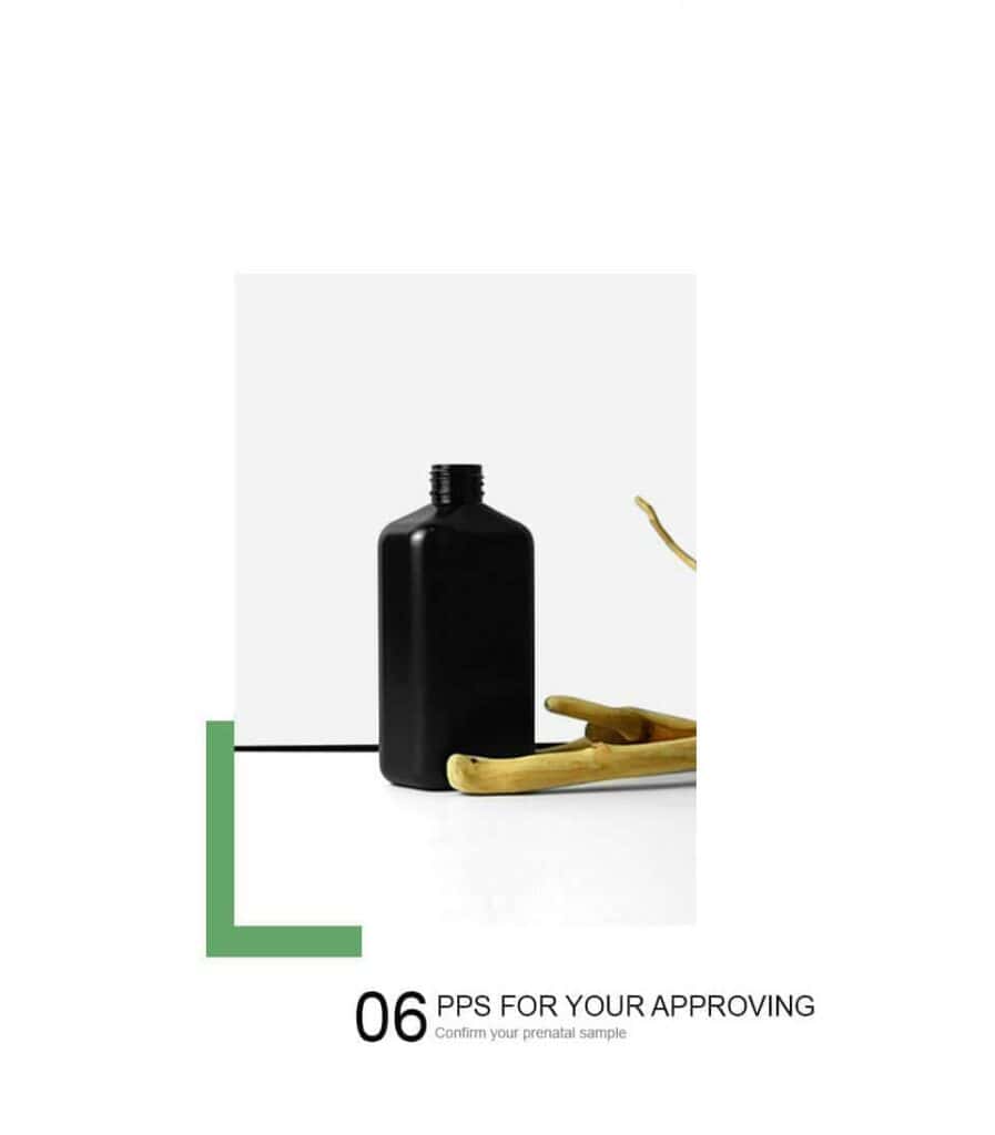 A black bottle with an open cap sits by two yellow sticks; below is the text "06 PPS FOR YOUR APPROVING.