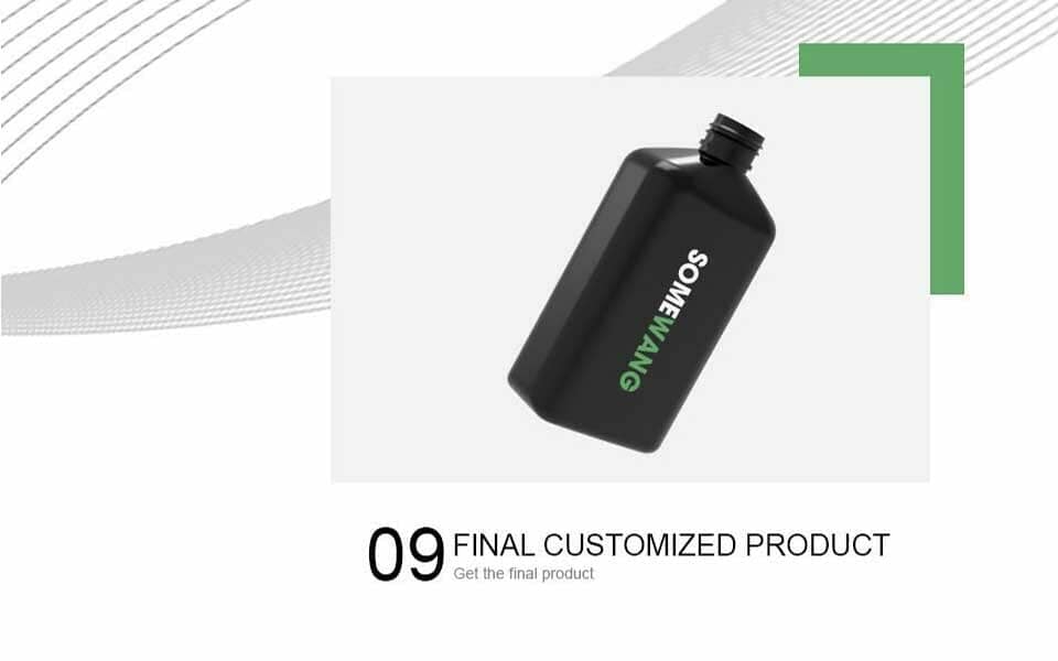 A black "SOMEWANG" bottle with a black cap is shown above the text: "09 FINAL CUSTOMIZED PRODUCT.