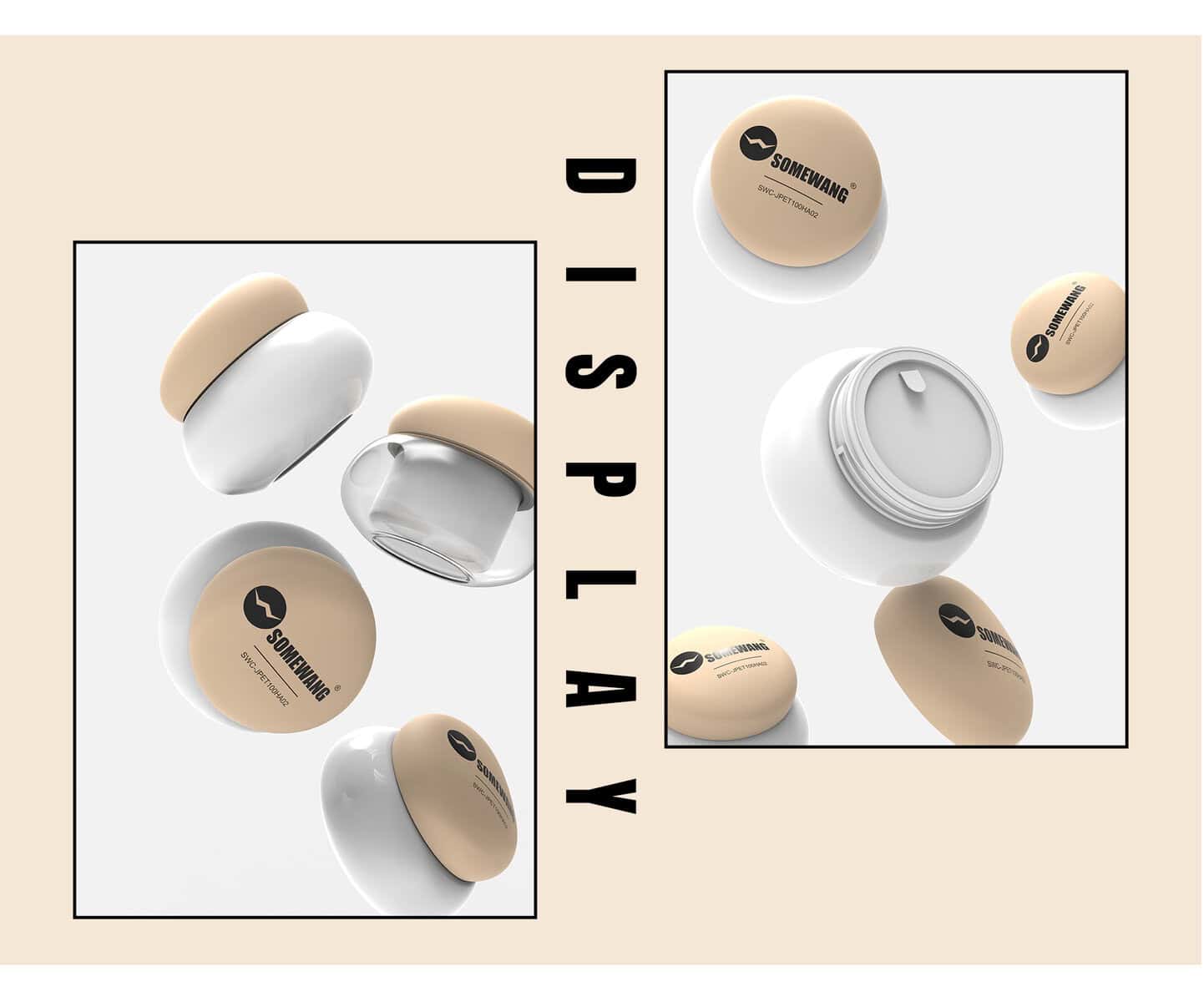 I barattoli beige e bianchi con la scritta "SOMETHING" sono inseriti in cornici minimali, con la scritta "DISPLAY" posta centralmente in verticale tra di essi.