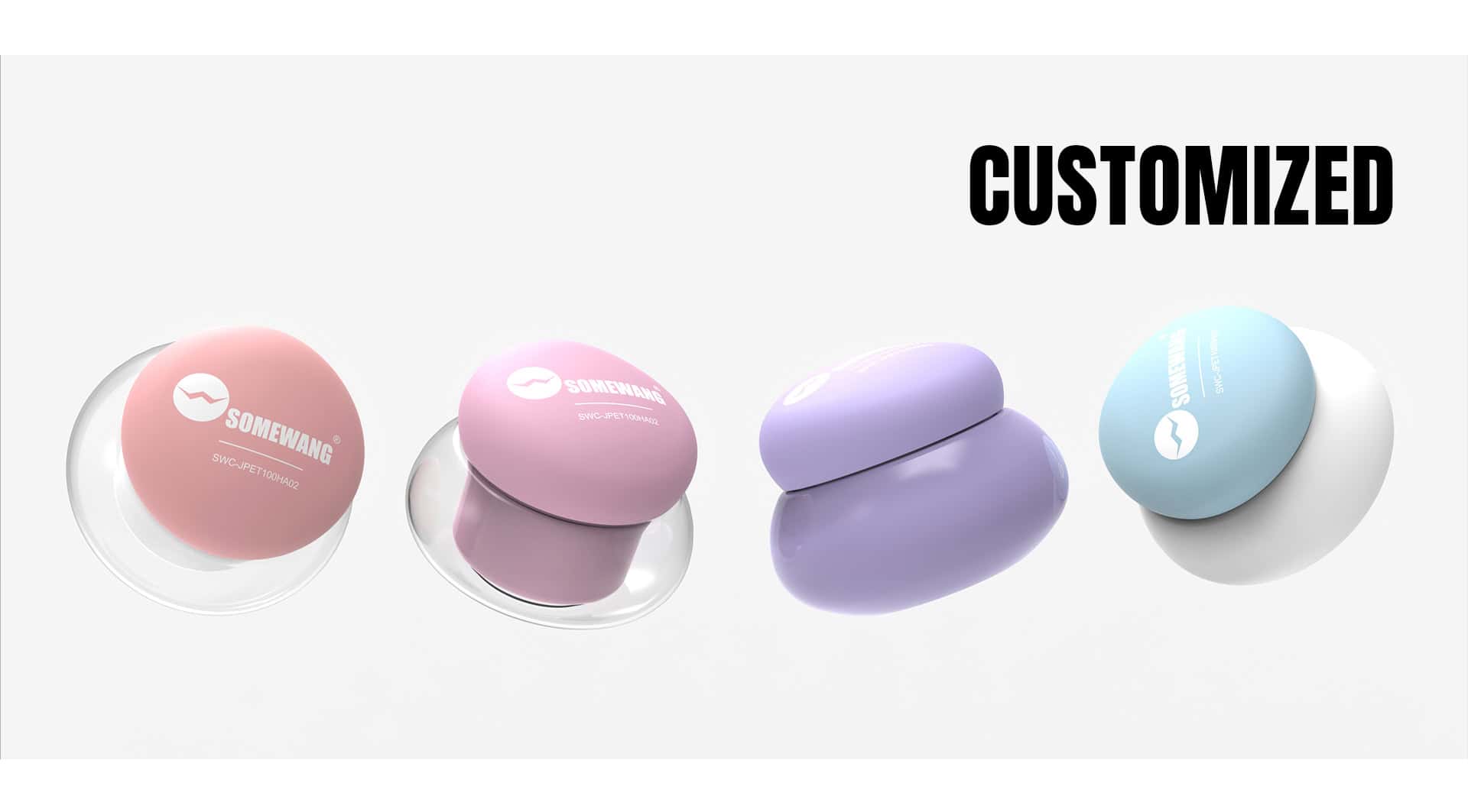 Quattro contenitori rotondi per cosmetici color pastello con la scritta "PERSONALIZZATO" in grassetto nero su bianco.