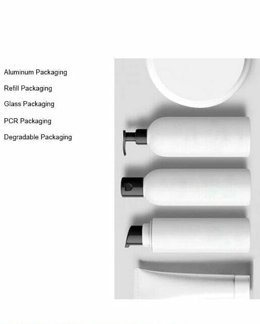 Four white cosmetic containers stand vertically next to a list of eco-friendly packaging types.
