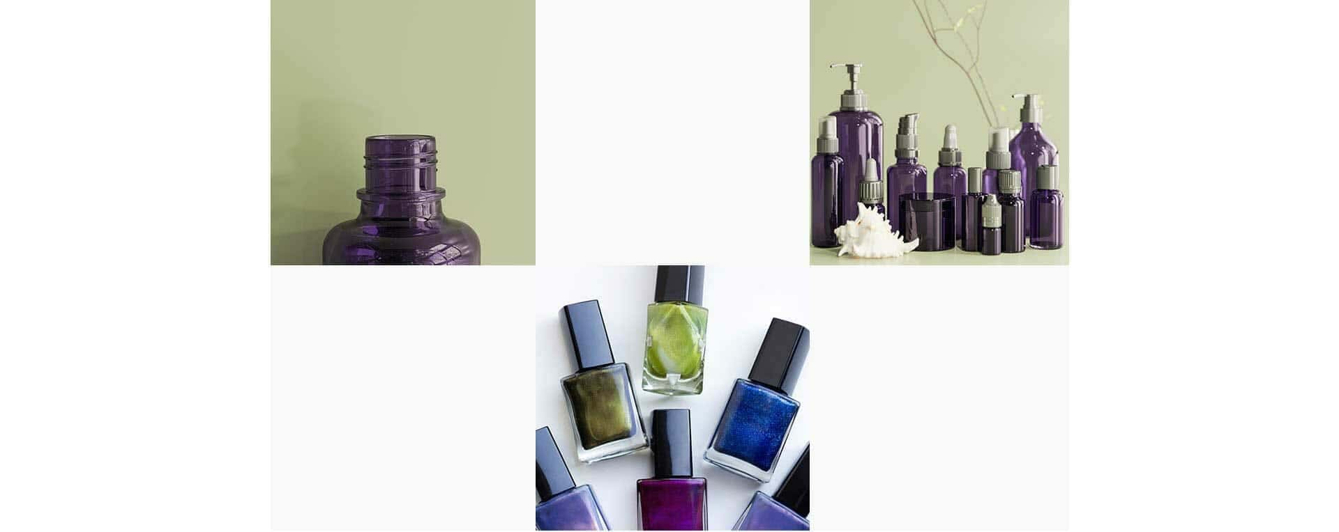 Purple cosmetic bottles, nail polishes, a green bottle, and a small shell are arranged on a light background.