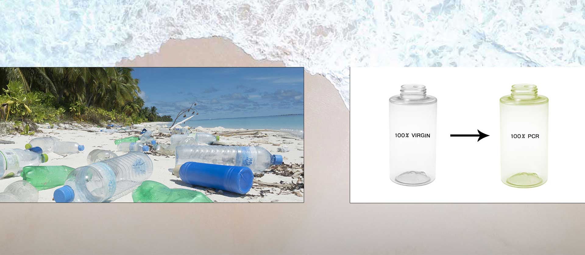 Plastic bottles litter a beach beside an image showing a shift from "100% Virgin" to "100% PCR" bottles.
