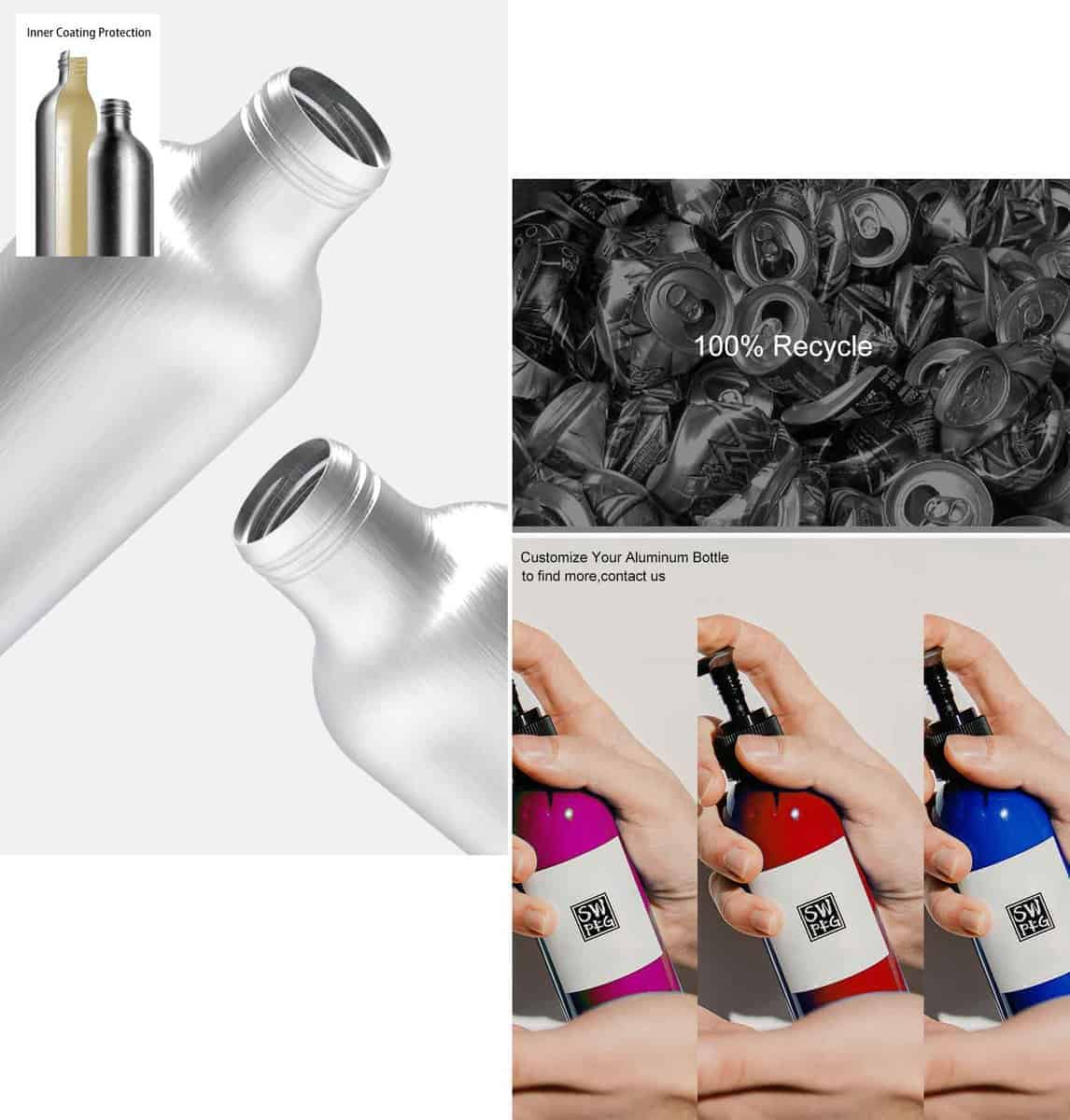 Aluminum bottles with inner coating, recycling message, and assorted colors in hands highlight customization and sustainability.