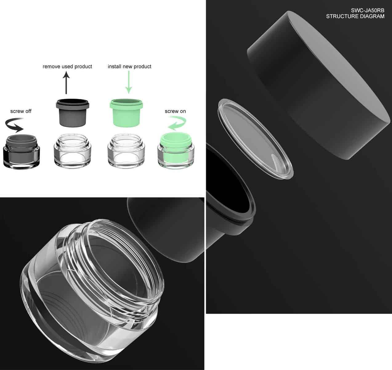Diagram with step-by-step and 3D views showing how to replace a product insert in a screw-top jar.