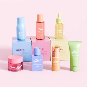 Pastel travel-size skincare packs from SOMEWANG are displayed with matching boxes on a light pink background.