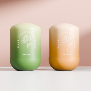 꽃 무늬가 들어간 50ml 롤온 병 2개(녹색 및 베이지색)는 세련된 맞춤형 PP 포장에 이상적입니다.