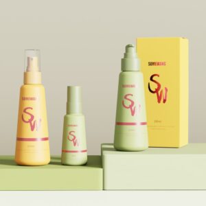 Four custom SOMEWANG HDPE conical bottles and a yellow box sit on pastel green blocks against a neutral background.