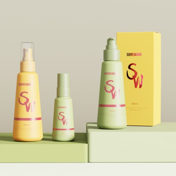 Four custom SOMEWANG HDPE conical bottles and a yellow box sit on pastel green blocks against a neutral background.