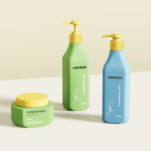 Se muestran un frasco de PET verde de 240 ml y una botella con bomba de 400 ml, ambos etiquetados "SOMEWANG SW PKG" con diseños modernos.
